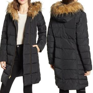 COLE HAAN Faux-fur-trim Hooded Asymmetrical Down